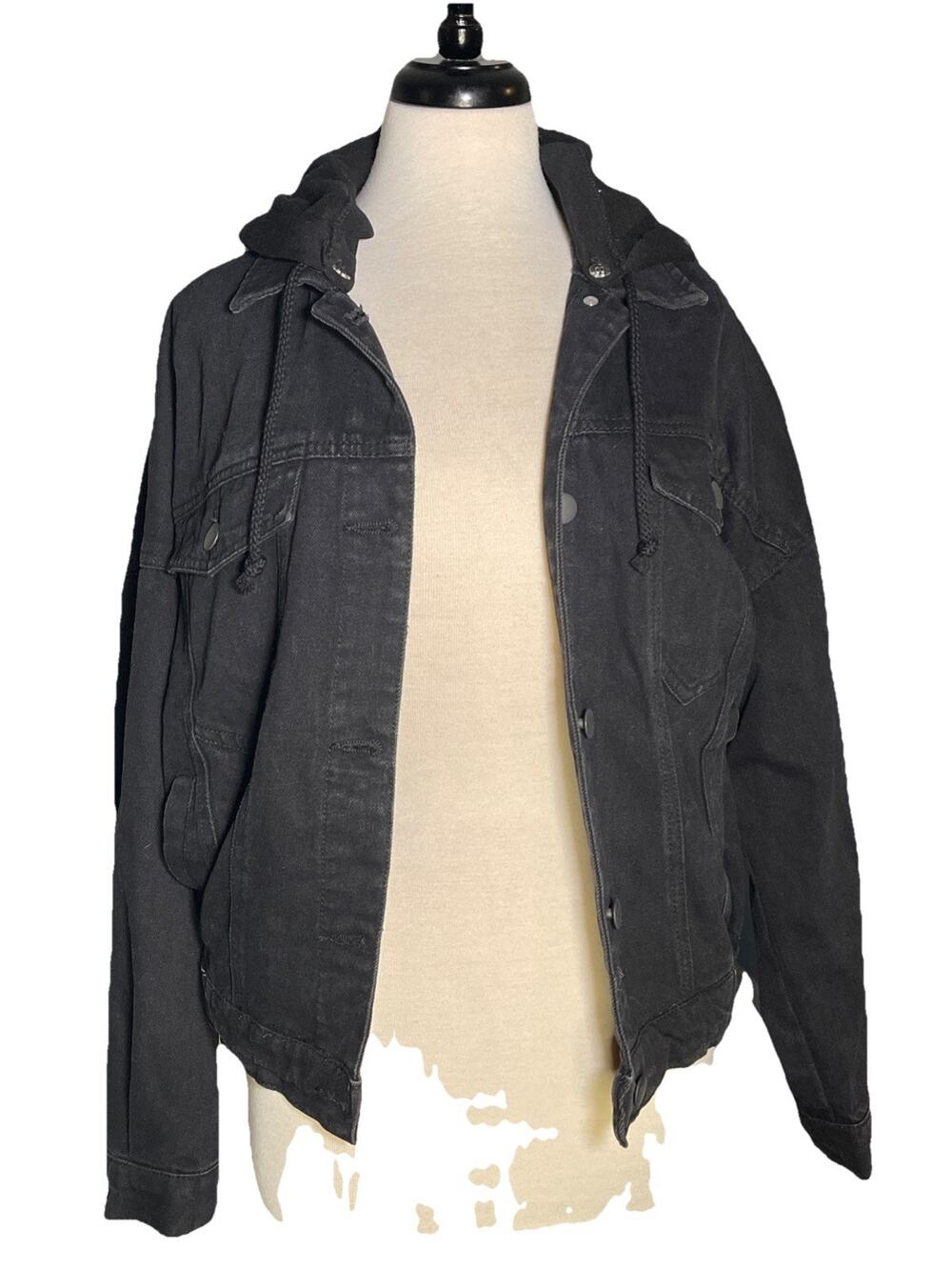 Rue 21 Denim Jacket Combo with Sweatshirt Removable Hood Button Up Size M Black